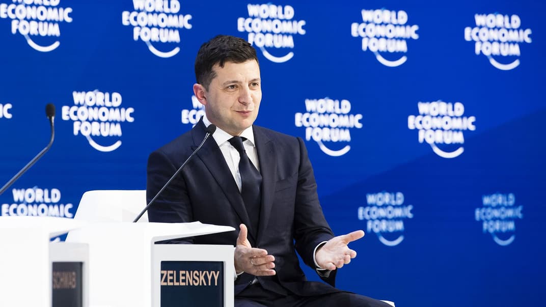 Президент Украины Владимир Зеленский во время выступления на Всемирном экономическом форуме в Давосе призвал инвестировать в Украину, Швейцария, 22 января 2020 года