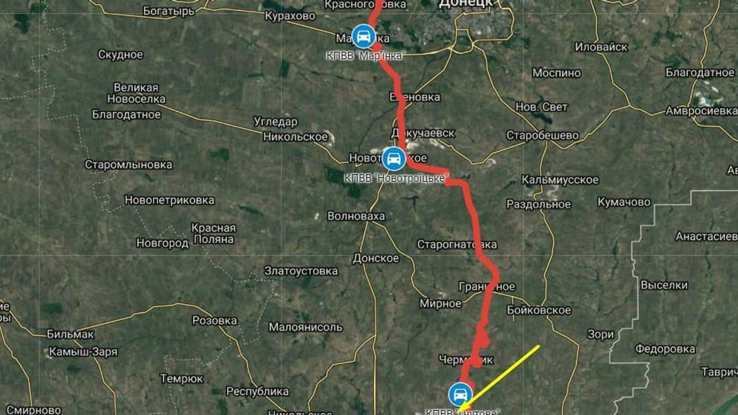 Червоним позначено лінію зіткнення на Донбасі