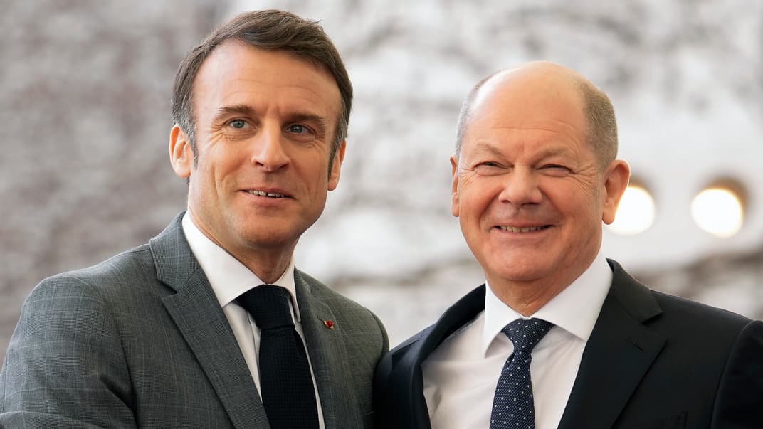 Канцлер Германии Олаф Шольц и президент Франции Эмманюэль Макрон в Берлине во время переговоров так называемого «Веймарского треугольника», 15 марта 2024 года