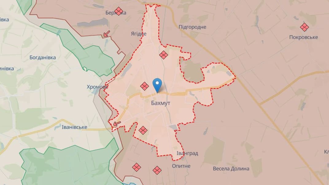 Бахмут на карті DeepState з відображенням ситуації на фронті станом на 23:58 11 листопада