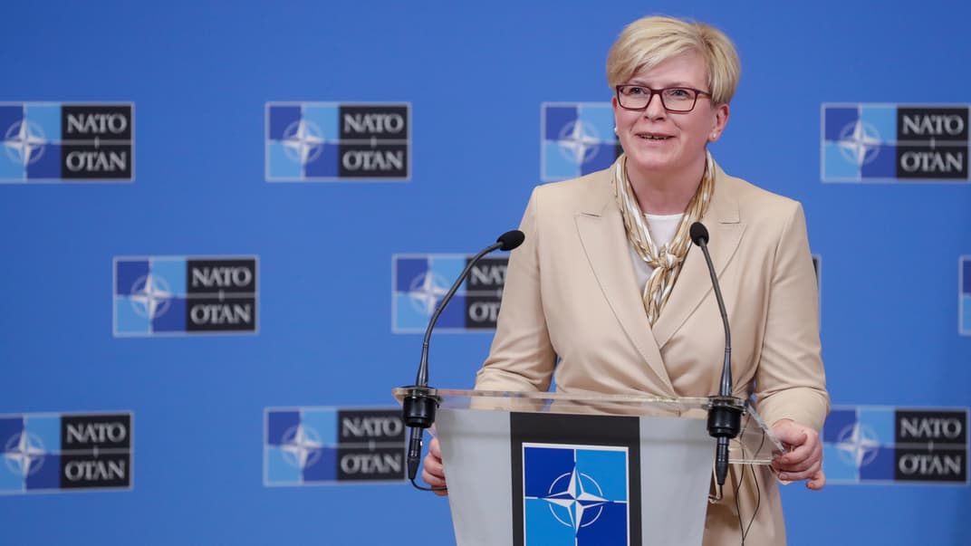 Премьер-министр Литвы Ингрида Шимоните выступает во время пресс-конференции в штаб-квартире НАТО в Брюсселе, 3 июня 2021 года
