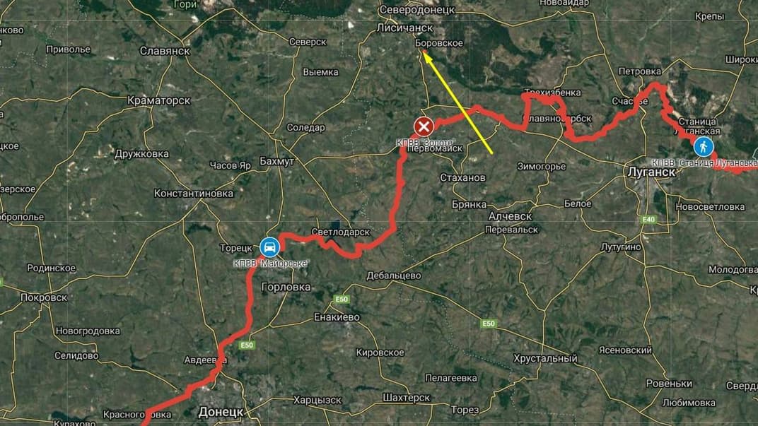 Червоним позначено лінію зіткнення на Донбасі