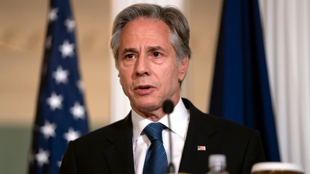Госсекретарь США Энтони Блинкен во время брифинга с главой НАТО Йенсом Столтенбергом