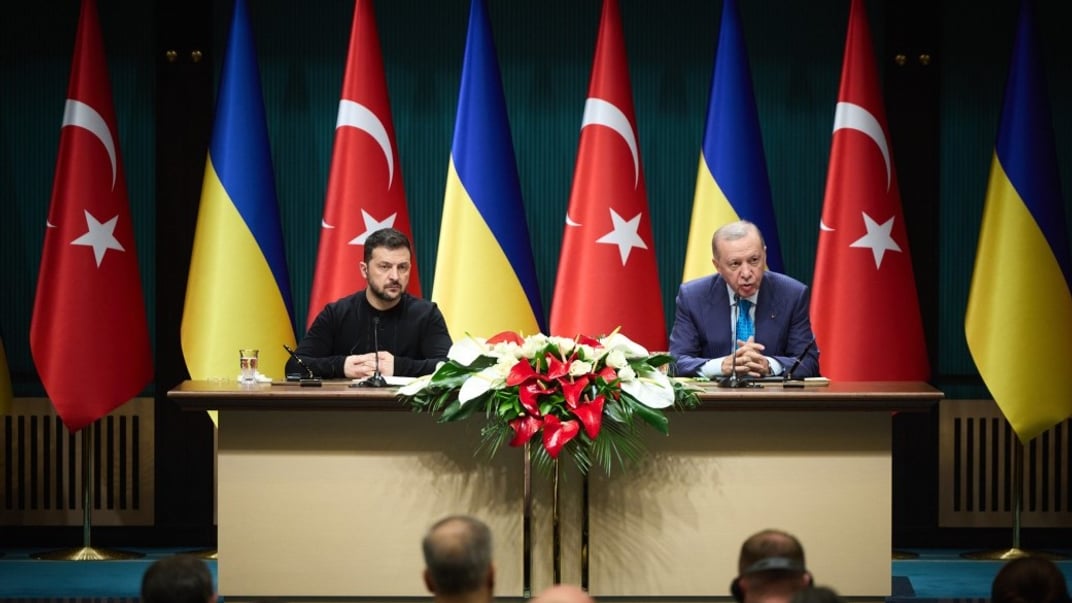 Президенти України та Туреччини Володимир Зеленський й Реджеп Тайїп Ердоган відповідають на запитання журналістів, 18 лютого 2025 року