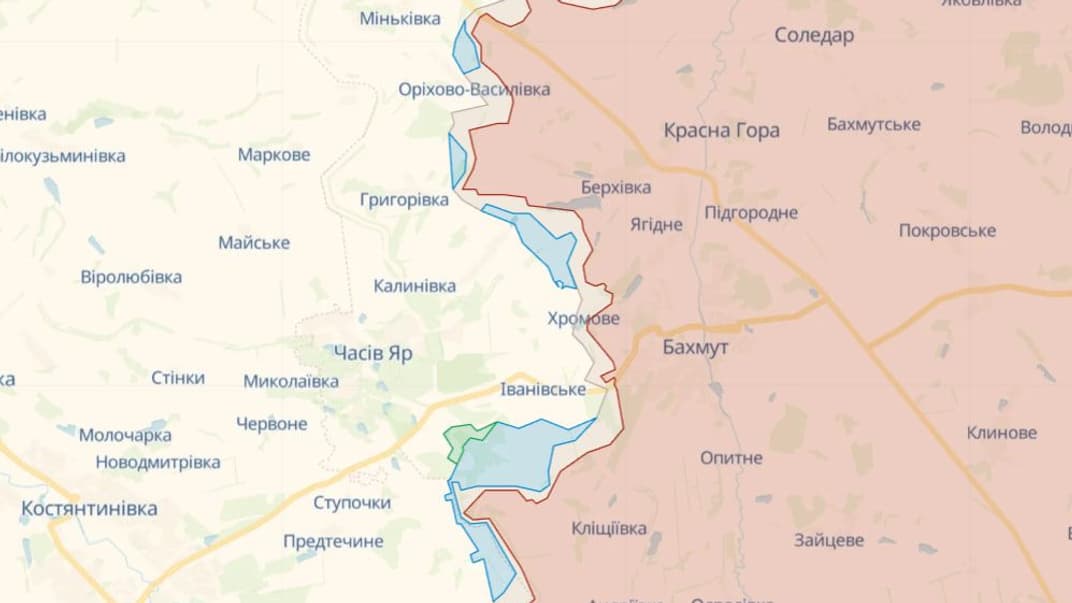 Лінія фронту в районі Бахмута станом на 22 травня. Синім кольором позначені території, які українські військові звільнили у травні