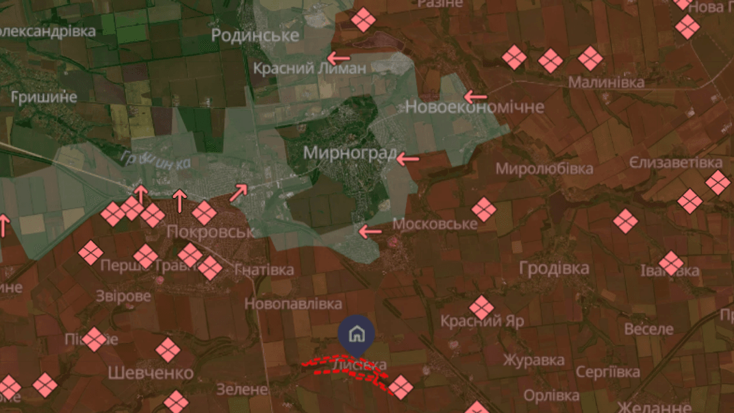 Ця карта показує ситуацію на Покровському напрямку, за версією аналітичного проєкту DeepStateMAP