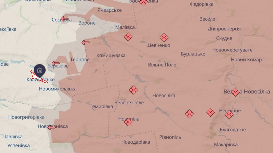 Этот фрагмент карты демонстрирует продвижение россиян в направлении села Калиновское Днепропетровской области