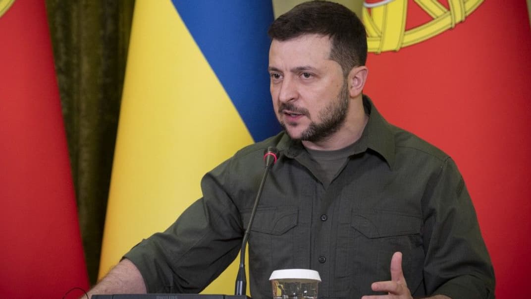 Президент Володимир Зеленський під час спільного брифінгу з прем’єр-міністром Португалії Антоніу Коштою, Київ, 21 травня 2022 року