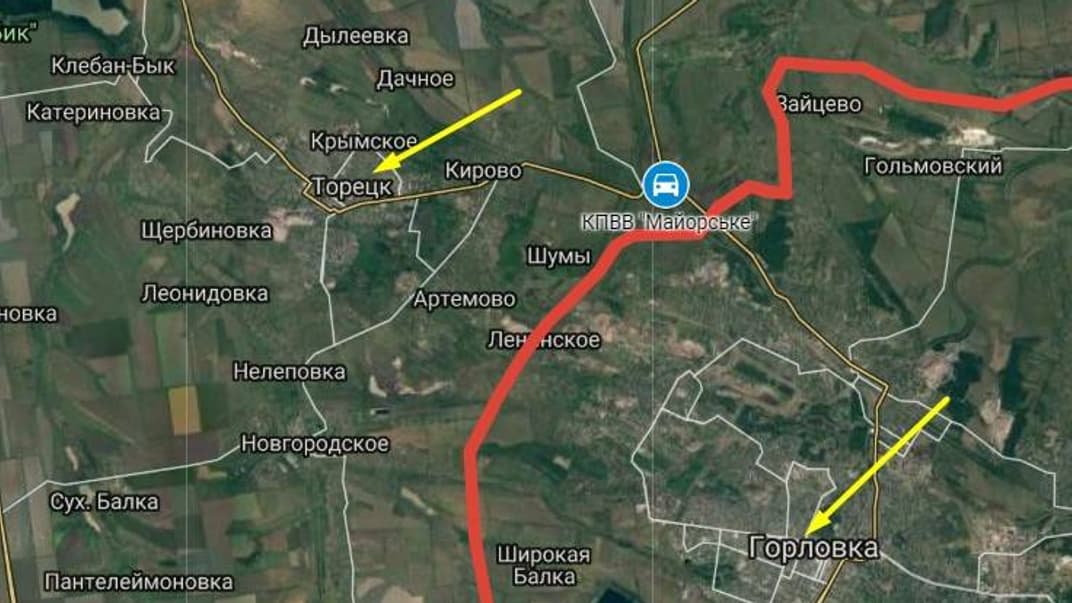 Червоним позначено лінію зіткнення на Донбасі