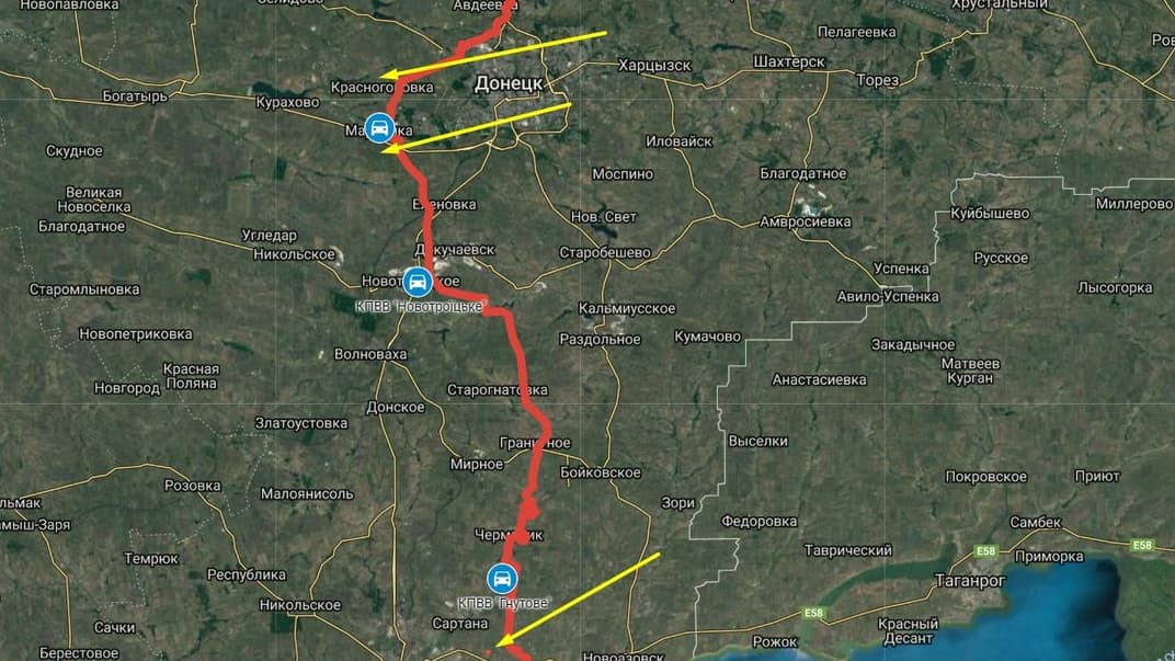 Червоним позначено лінію зіткнення на Донбасі