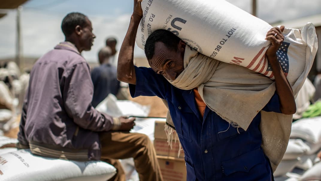 Чоловік несе мішок із пшеницею, яку в Ефіопію доставило Агентство США з міжнародного розвитку, 8 травня 2021 року