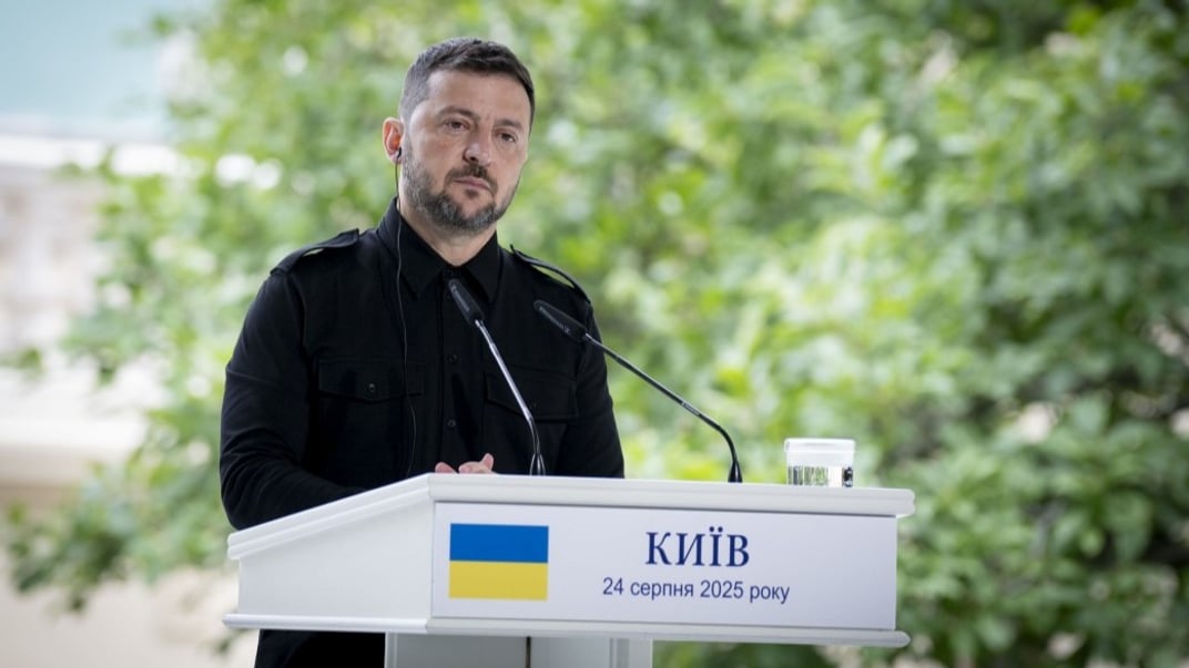 Президент України Володимир Зеленський під час спільної пресконференції з прем’єр-міністром Канади Марком Карні, 24 серпня 2025 року