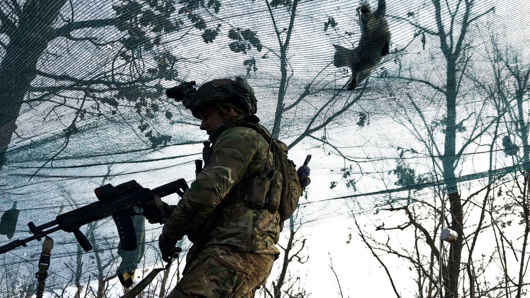 Кіт ходить по сітці, поки український військовий займає позицію під час боїв із російськими окупантами біля Мар'їнки на Донеччині, 23 грудня 2022 року