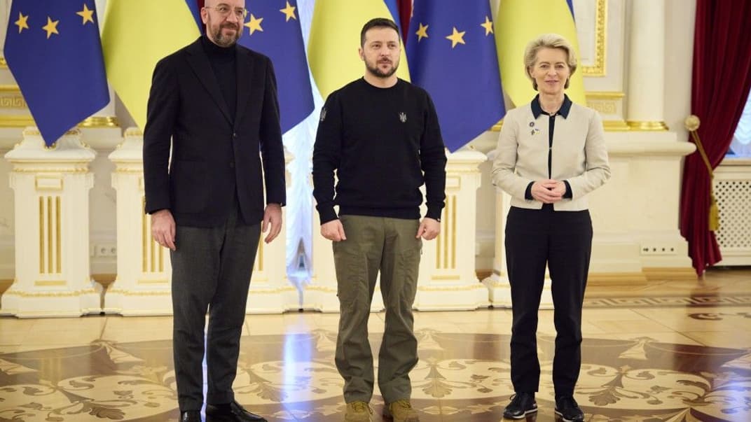 Президент України Володимир Зеленський, президентка Єврокомісії Урсула фон дер Ляєн та голова Європейської Ради Шарль Мішель, Київ, 3 лютого 2023 року