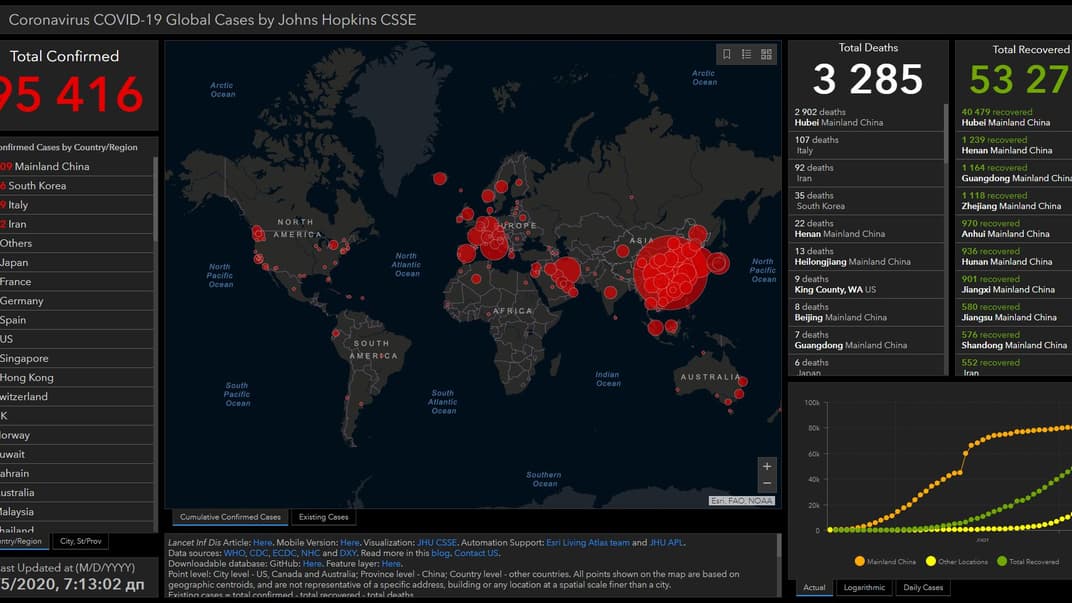 Данные с сервиса для отслеживания распространения коронавируса от Центра системных исследований при Университете Джона Хопкинса, 5 марта 2020