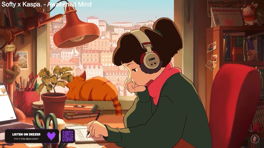 У трансляції Lofi Girl виконує домашнє завдання та час від часу дивиться у вікно, поки її кіт відпочиває поруч із нею