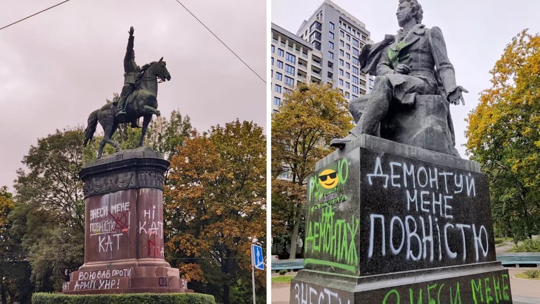 Пам'ятники Миколі Щорсу (зліва) та Олександру Пушкіну в Києві