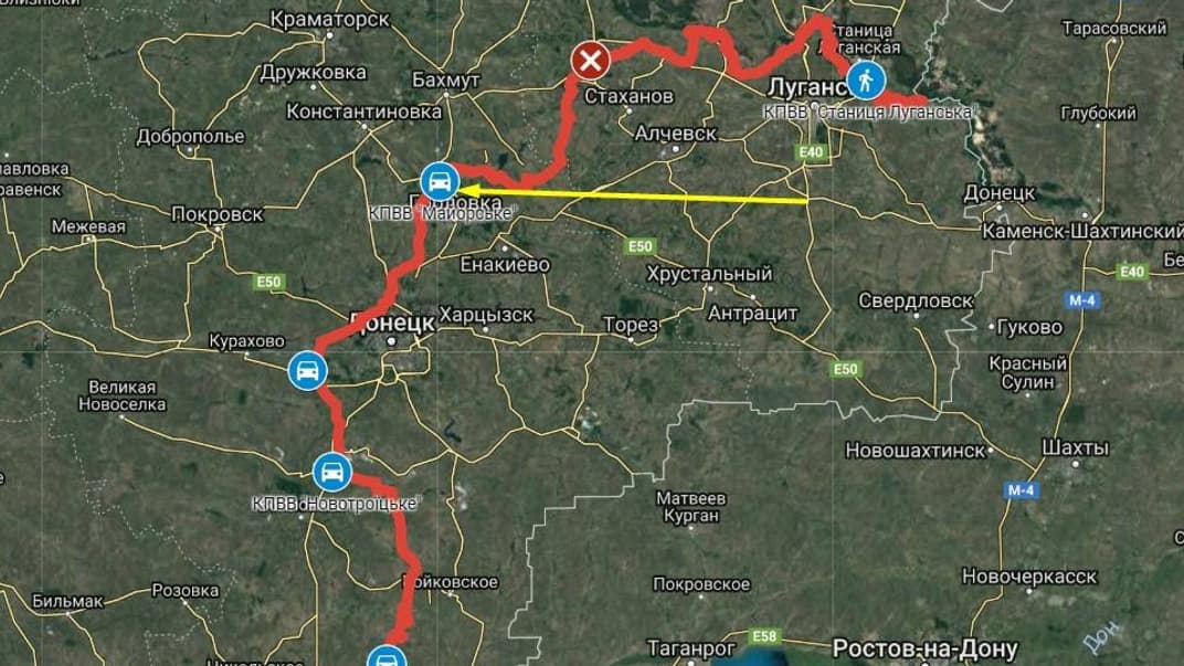 Червоним позначено лінію зіткнення на Донбасі