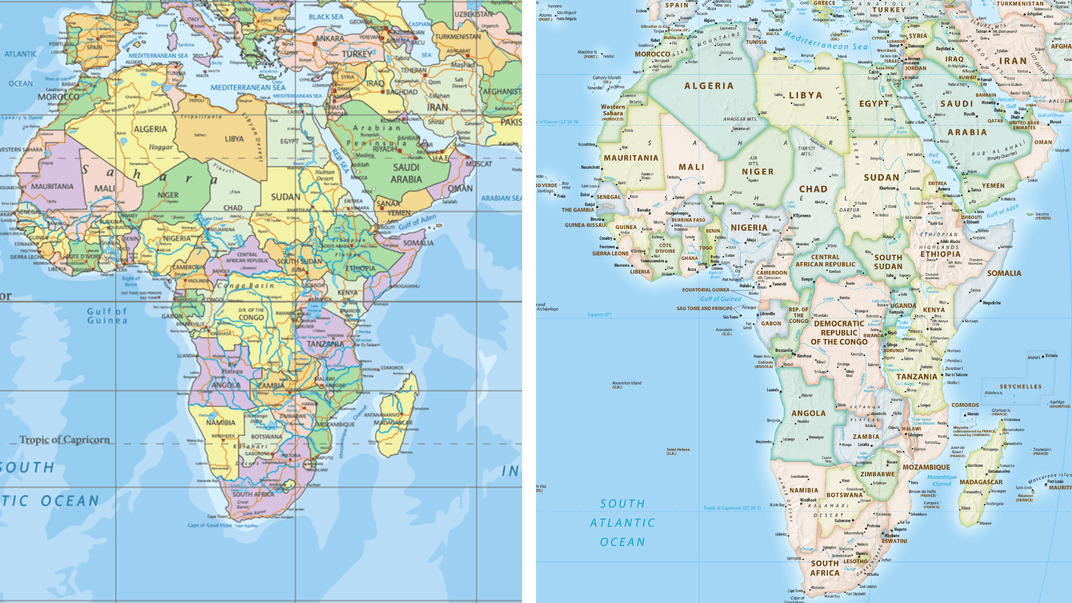 Карта з проєкцією Меркатора, що показує Африку (ліворуч), та карта з кампанії «Рівна Земля» (праворуч)