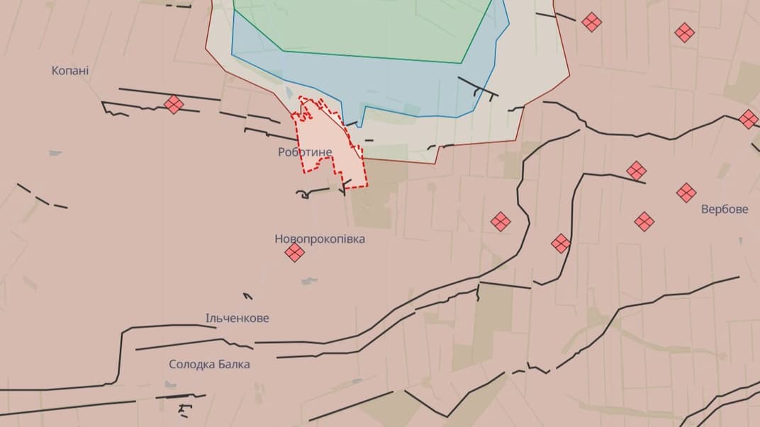 Роботине на мапі DeepStateMap, чорними лініями позначені ймовірні оборонні споруди росіян