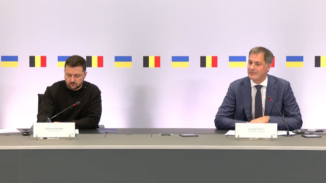 Президент Владимир Зеленский и премьер-министр Бельгии Александр де Кро во время совместного брифинга, 11 октября 2023 года
