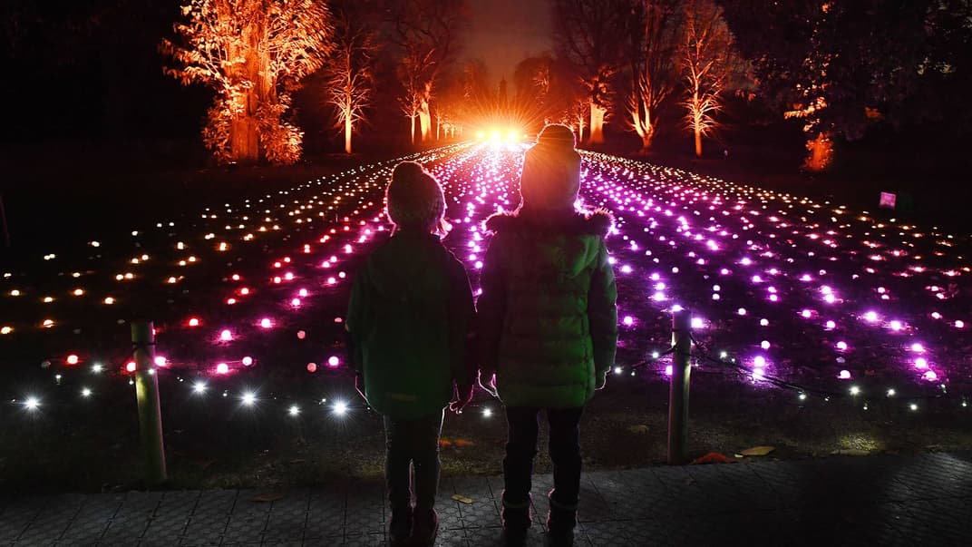 Дівчата любуються освітленою різдвяною стежкою у королівському ботанічному саду, Лондон, Великобританія, 21 листопада 2018 року. К'ю Гарденз вже шостий рік поспіль прикрашають мільярдами блискучих вогнів