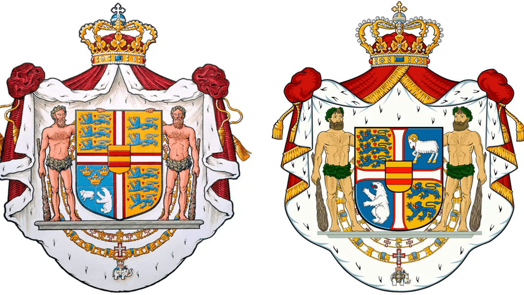 Попередня версія королівського герба Данії від 5 липня 1972 року (ліворуч) та новий герб Данії від 20 грудня 2024 року (праворуч)