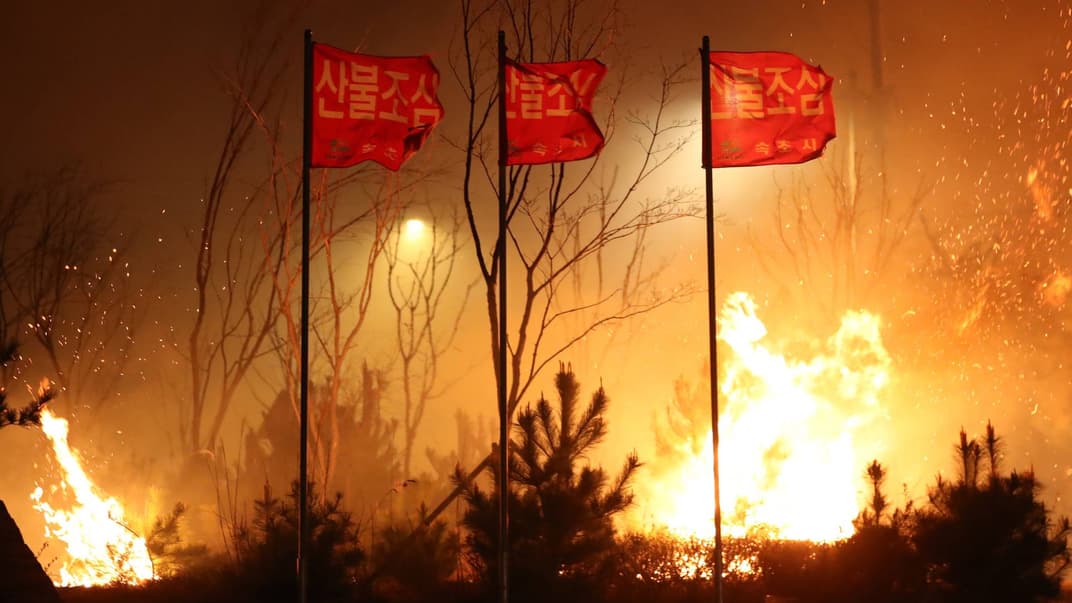 Пожежа вражає Сокчо, приблизно в 210 км від Сеула, Південна Корея, 5 квітня 2019 року 