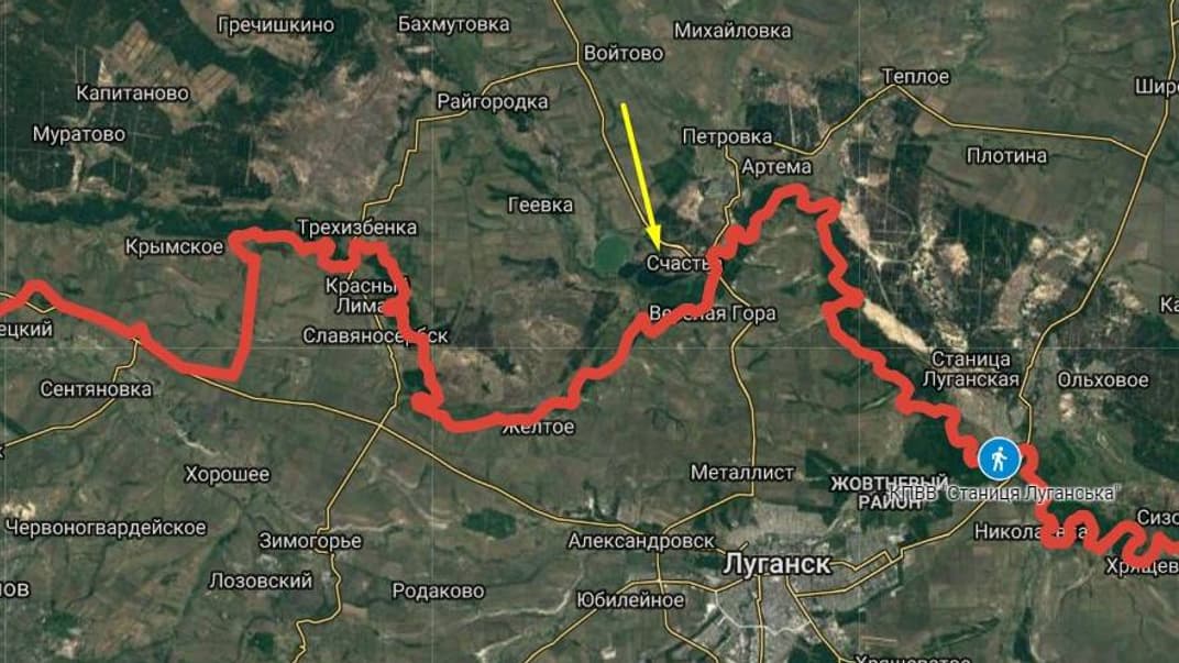 Червоним позначено лінію зіткнення на Донбасі
