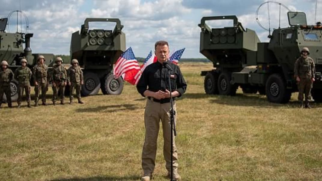 Міністр оборони Польщі Маріуш Блащак на церемонії відкриття академії HIMARS та повернення до війська ракетної бригади, 27 липня 2023 року