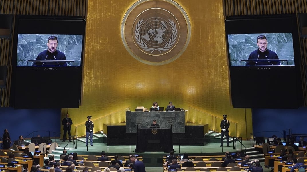 Президент України Володимир Зеленський виступає на загальних дебатах 79-ї сесії Генеральної Асамблеї ООН, 25 вересня 2024 року