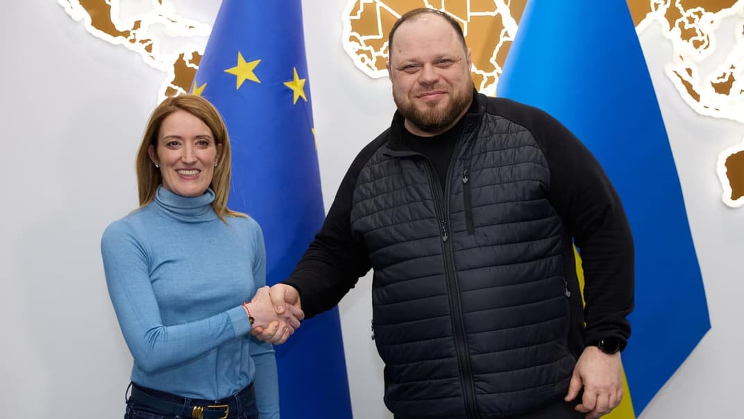 Голова Верховної Ради Руслан Стефанчук разом із президенткою Європарламенту Робертою Мецолою, 3 березня 2023 рік