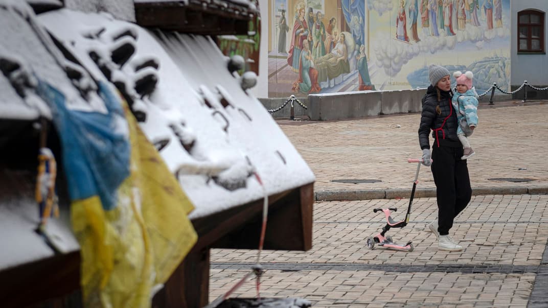 Жінка проходить повз виставку знищених російських танків і бронетехніки після снігопаду в центрі Києва, 17 листопада 2022 року