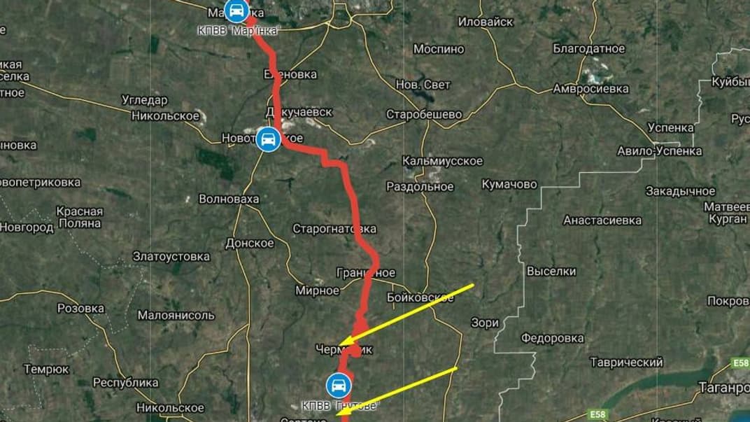 Червоним позначено лінію зіткнення на Донбасі