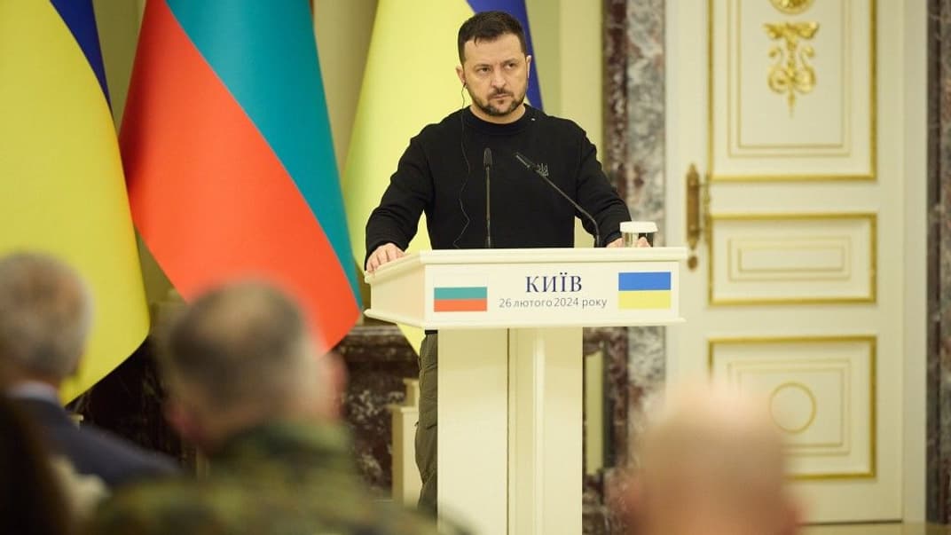 Президент України Володимир Зеленський під час брифінгу з прем’єр-міністром Болгарії Ніколаєм Денковим 26 лютого 2024 року