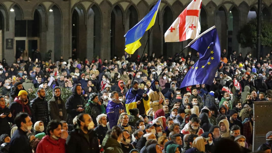 Протестующие размахивают флагами Украины, Грузии и ЕС у здания парламента Грузии в Тбилиси, 8 марта 2023 года