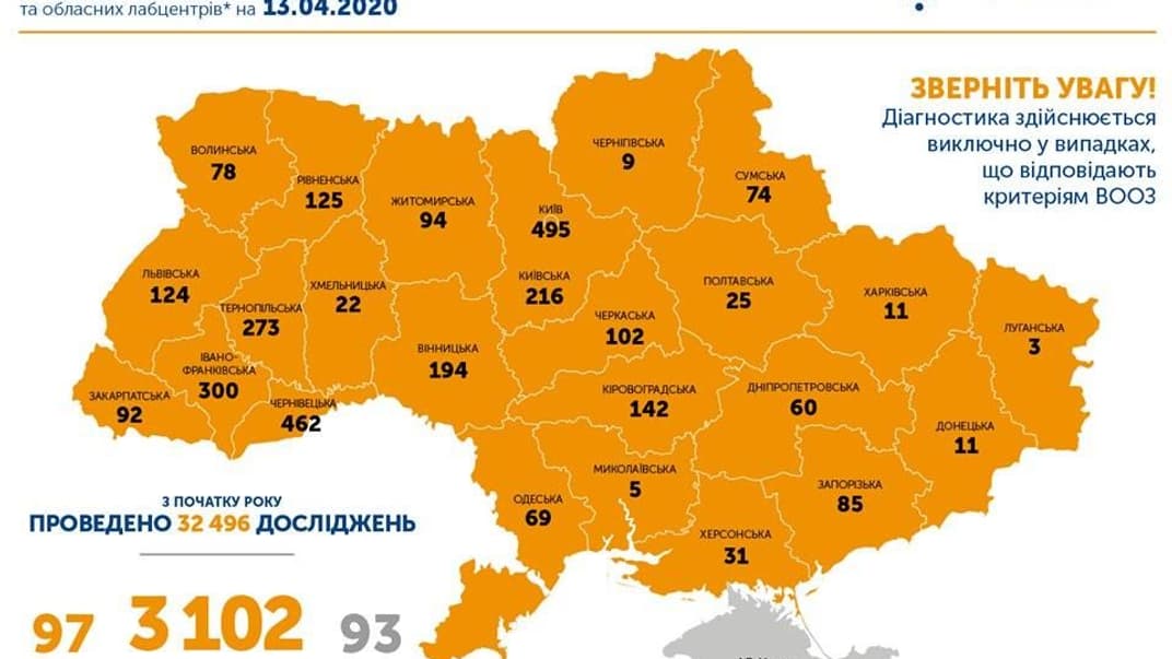 Ситуация с распространением коронавируса в Украине на 13 апреля 2020