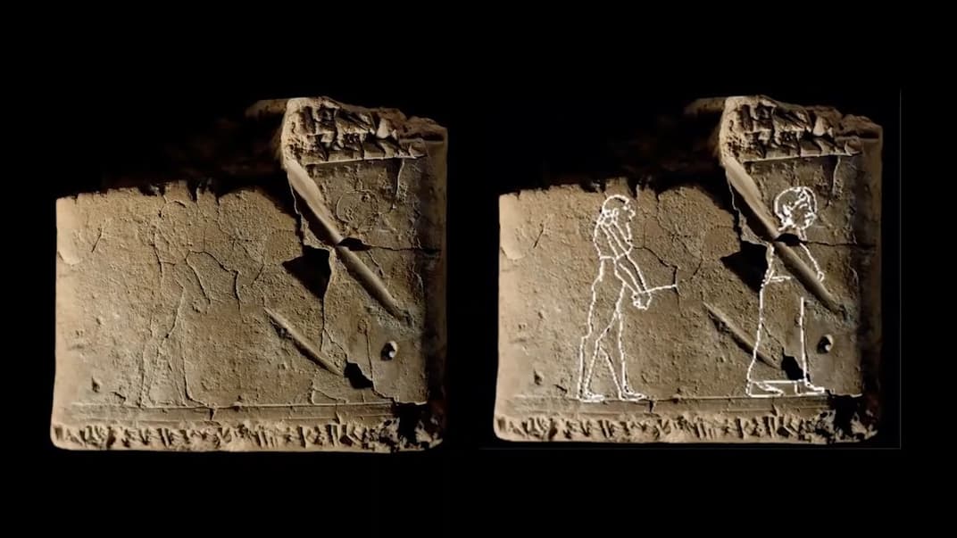 Ліворуч — фотографія глиняної таблички з Вавилону віком близько 3500 років, праворуч на ній — підкреслені силуети фігур, одна з яких зображує, ймовірно, привида