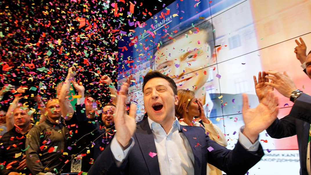 Володимир Зеленський у штабі після оголошення результатів екзит-полів у день 2 туру виборів президента України, Київ, 21 квітня 2019 року