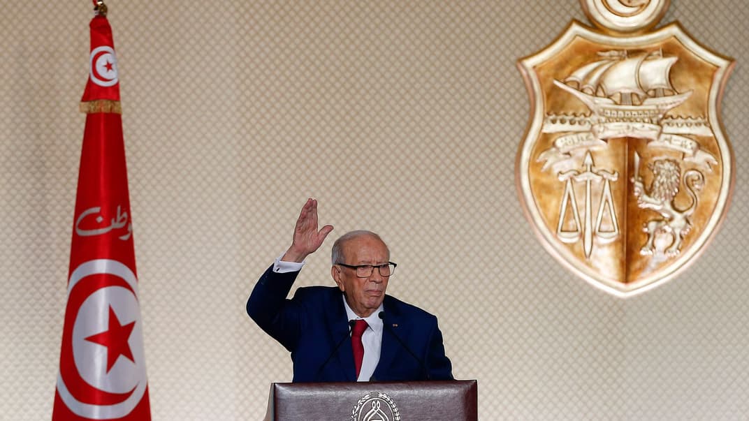 Президент Туниса Беджи Кейд Эс-Себси выступает с докладом в конференц-центре в Тунисе, Тунис, 10 мая 2017