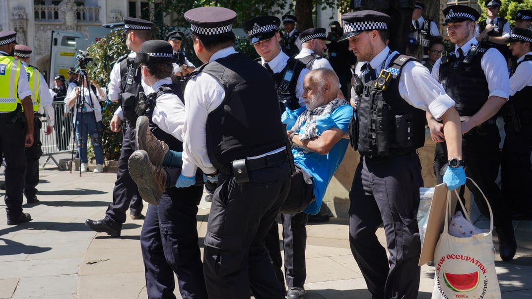Поліція затримує учасників акції проти визнання групи Palestine Action терористичною організацією, Лондон, Велика Британія, 12 липня 2025 року