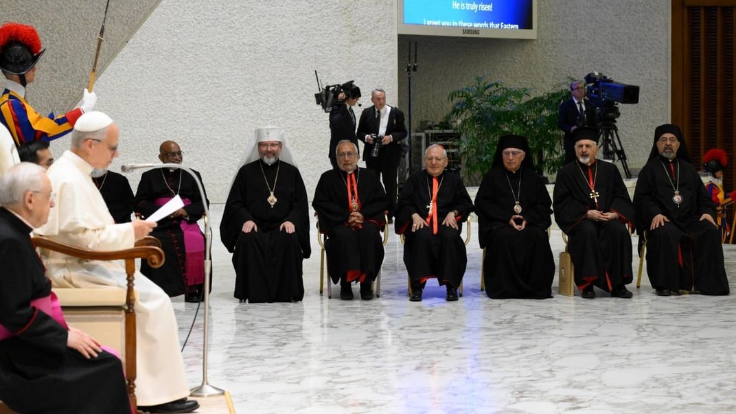 Папа Римський Лев XIV під час аудієнції паломників, на якій присутній глава УГКЦ Блаженніший Святослав Папа Римський Лев XIV під час аудієнції паломників, на якій присутній глава УГКЦ Блаженніший Святослав