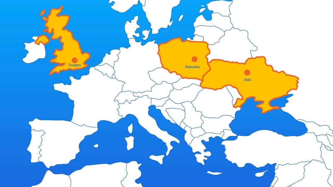 Карта Европы с выделенными странами-членами нового альянса: Украиной, Польшей и Великобританией