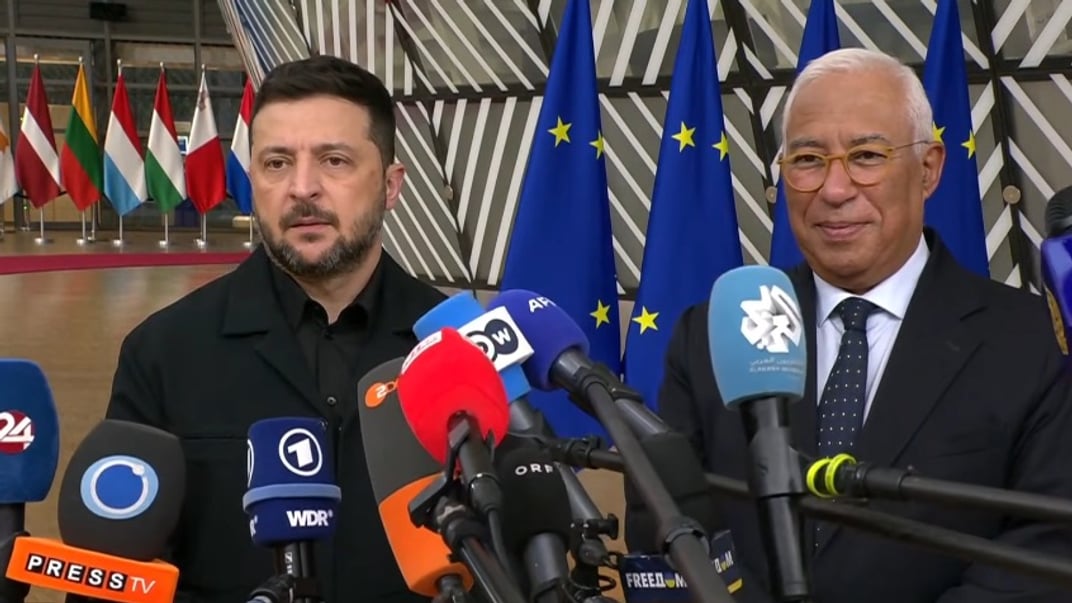 Спілкування Володимира Зеленського та Антоніу Кошти з медіа перед засіданням Європейської ради, 23 жовтня 2025 року