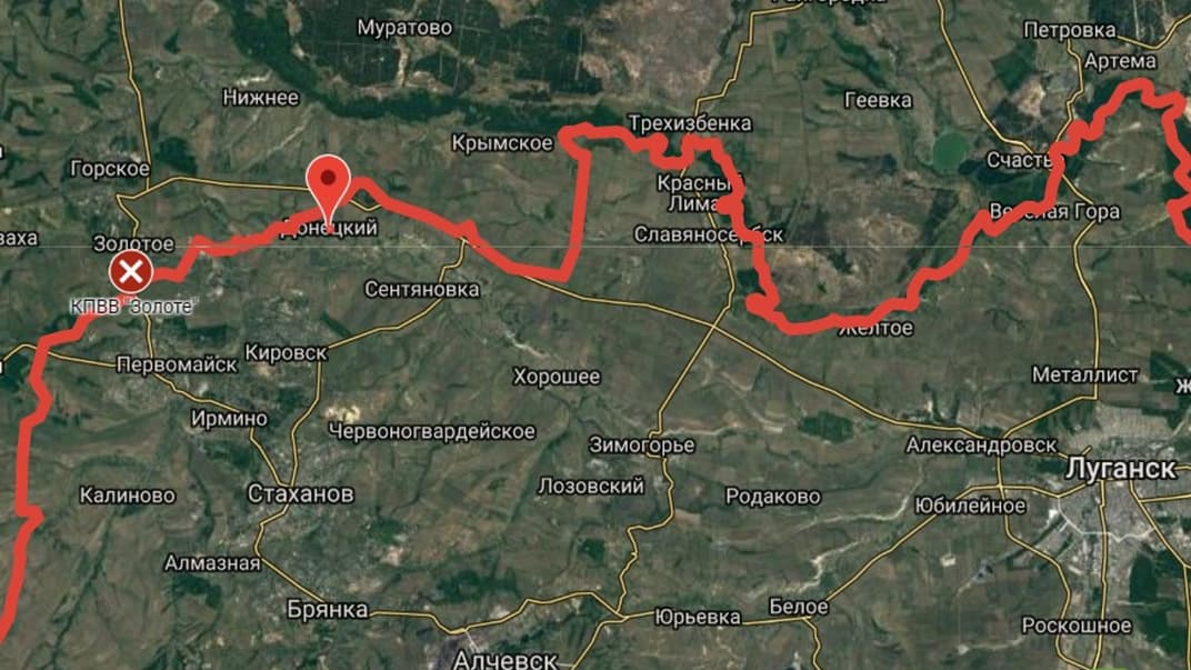 Червоним позначено лінію зіткнення на Донбасі