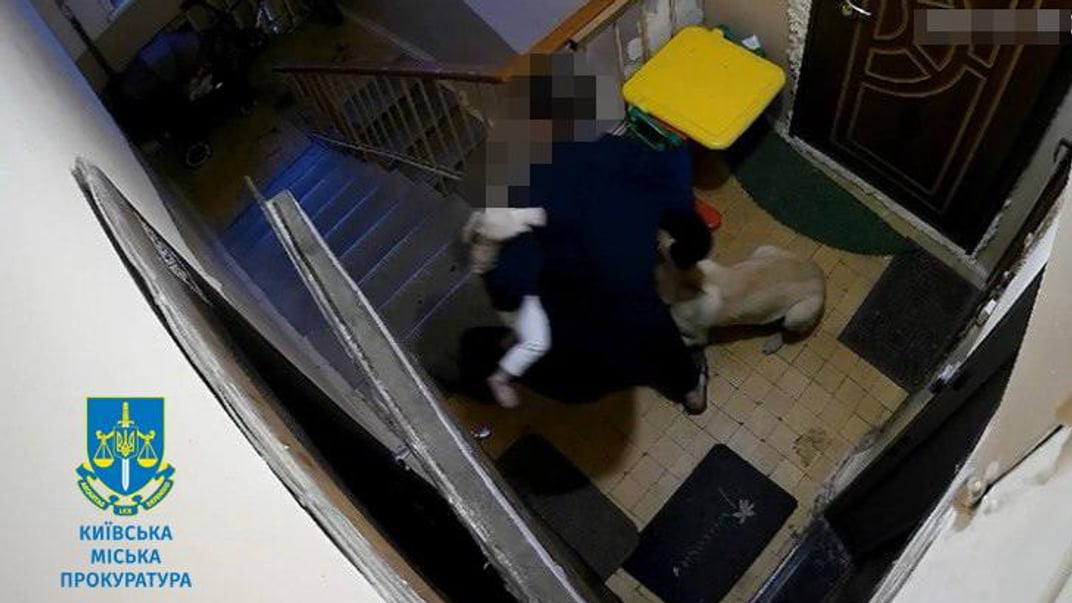 Чоловік скидає тварину зі сходів, тримаючи на руках дитину Чоловік скидає тварину зі сходів, тримаючи на руках дитину