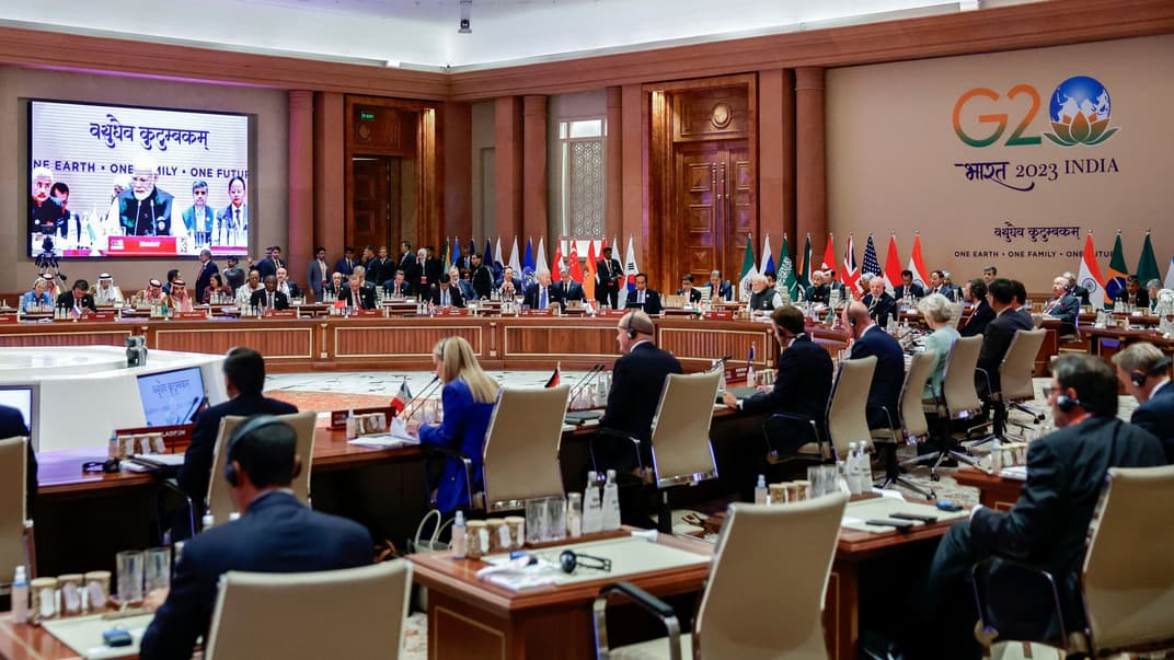 Прем'єр-міністр Індії Нарендра Моді з'явився на екрані на саміті G20 у Нью-Делі, Індія, 9 вересня 2023 року