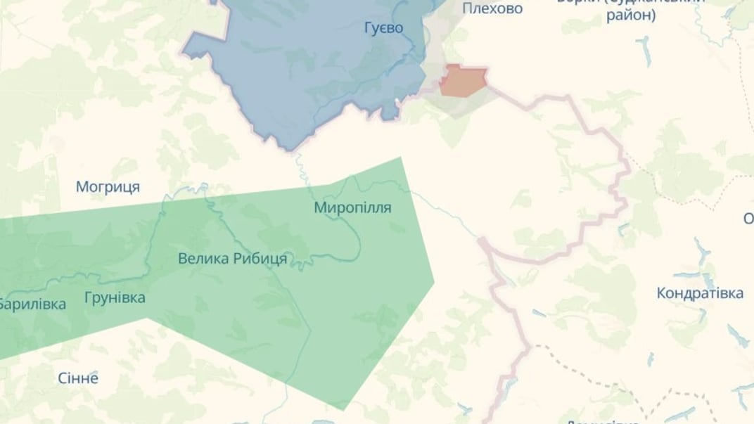 Красным обозначена территория, которую якобы недавно оккупировали россияне в Сумской области