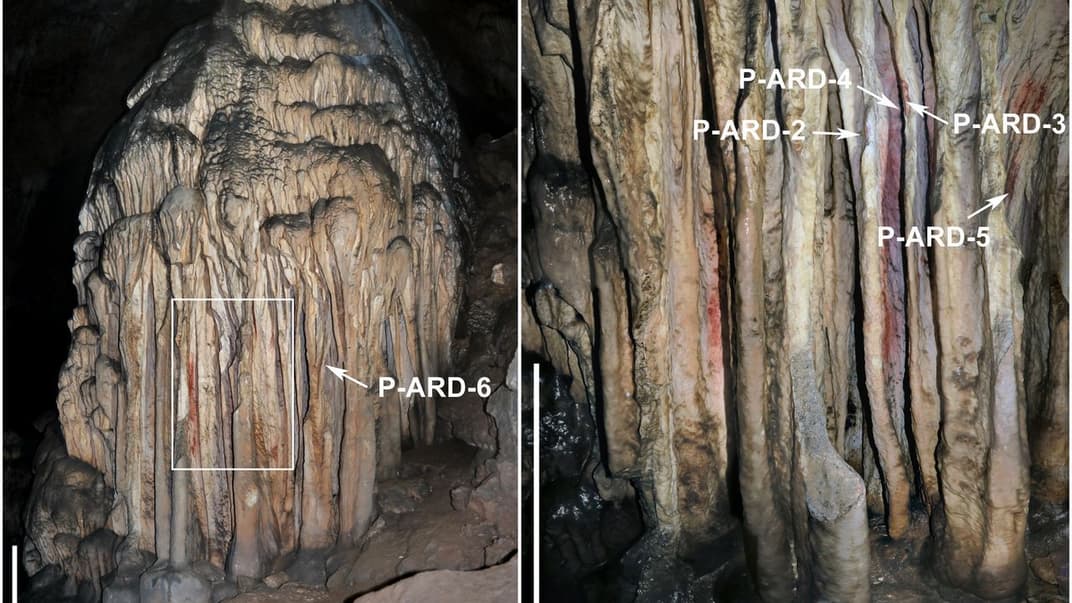 Сталагмітові стовпи у печері Ардалес в Іспанії, на яких знайшли пігменти червоної охри, які залишили неандертальці