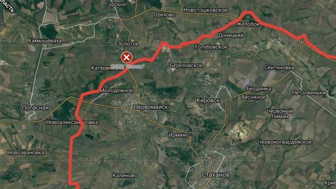 Червоним позначено лінію зіткнення на Донбасі